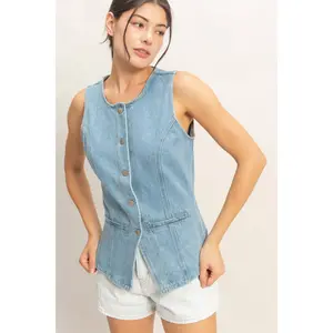 Button-Front Sleeveless Denim Vest