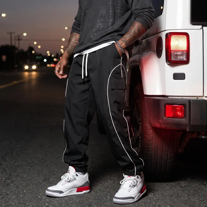 Menswear Striped Mid-Waist Casual Pants - Elastic Waist, Full-Length Loose Fit, Breathable Fabric, Multiple Pockets, Contrasting Stitching, Work-Style Street Fashion Trouser