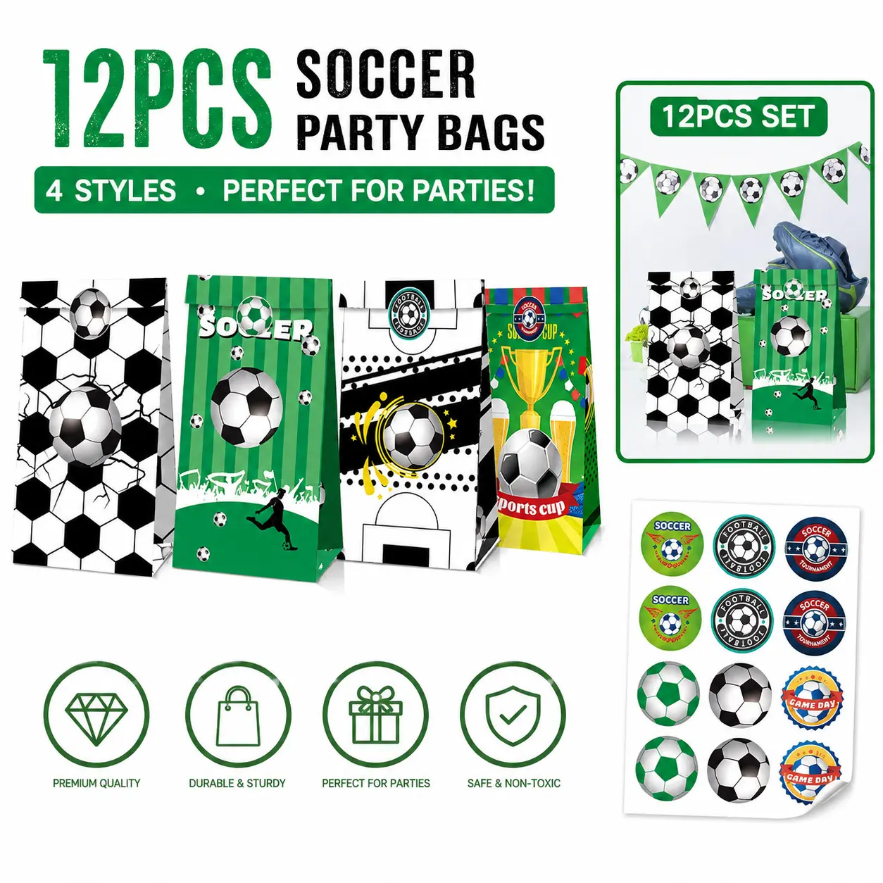 Soccer Party Favor Bags Set of 12 with Soccer Stickers, Kids Birthday Party Gift Bags, Sports Theme Goodie Bags, Soccer Treat Bags for Candy, Snacks, Small Toys, Team Events and Soccer Celebration Supplies