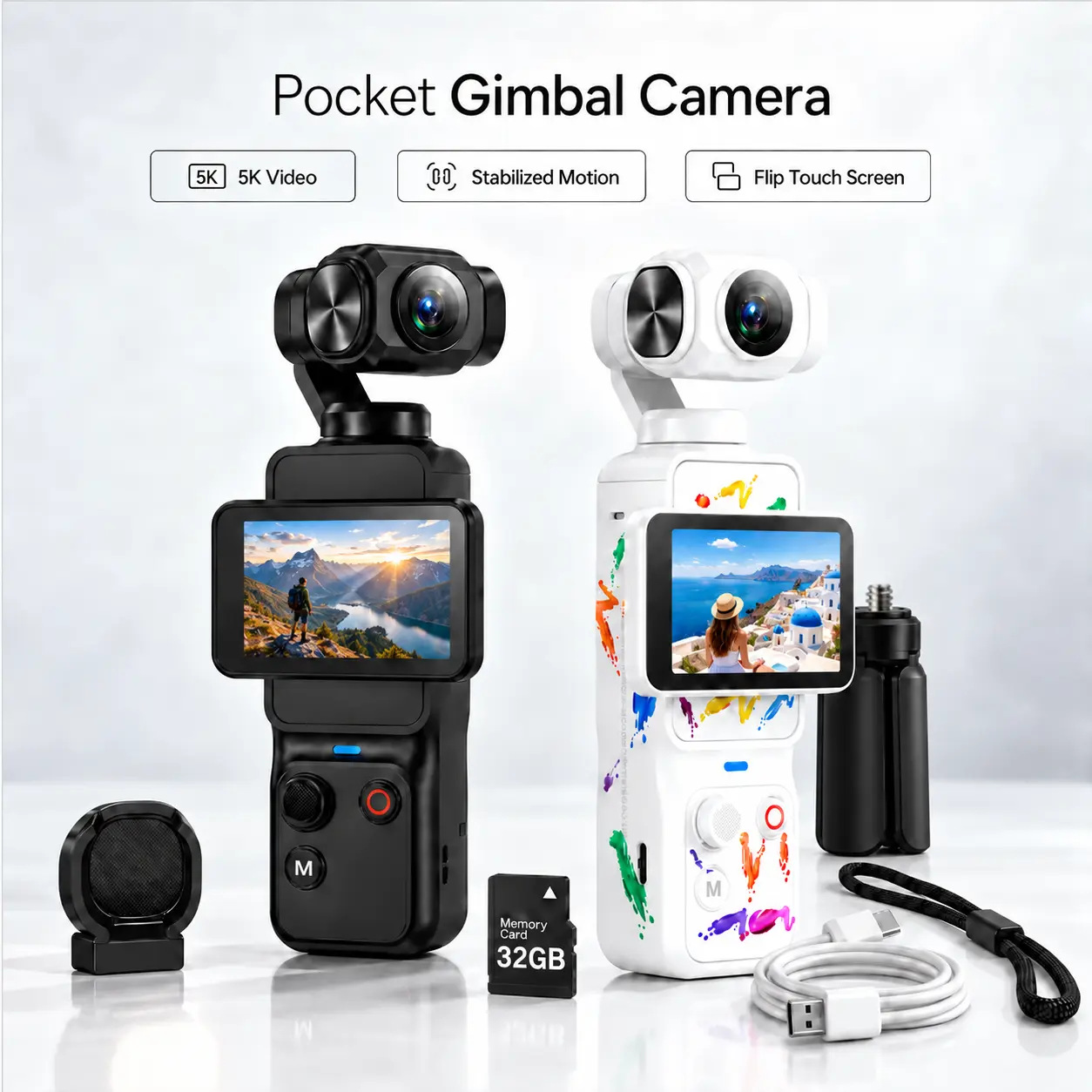 W&O 5K Pocket Vlogging Action Camera - 13MP, 3-Axis Gimbal with 270° Auto Rotation, Face Tracking, 90° Rotatable 2.0" Touchscreen, WiFi 4, App Control, Portrait Beauty Mode, 2600mAh Battery for Travel & Content Creation, Vlogging Cameras, Vlogging Camera,