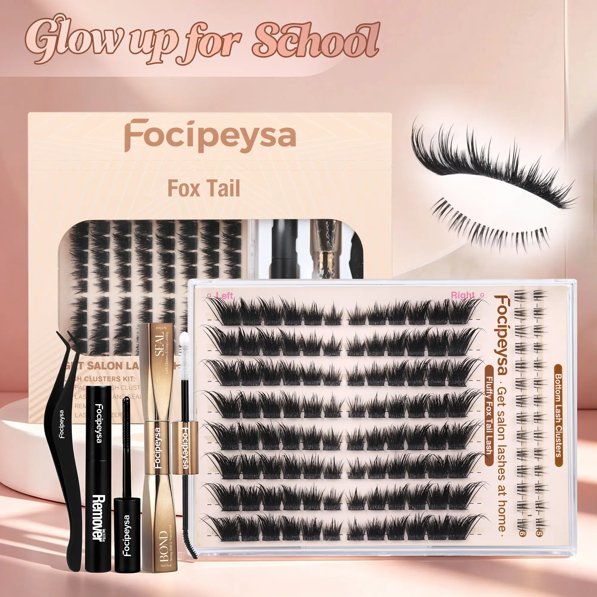 Focipeysa Fluffy FoxTail Lash Clusters | LC Curl Fox Eye Lash Clusters | Natural, Wispy, Ultra-Dense | Beginner-friendly,  Get Flawless Salon Extensions at Home| Lash Kit with Bond and Seal, Complements All Makeup Looks