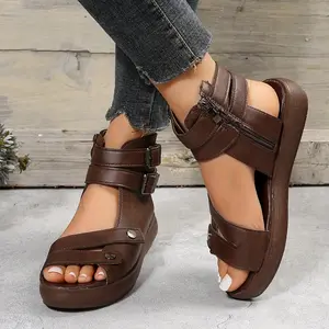 Women's Peep Toe Platform Sandals, Comfy Buckle Strap Slingback Shoes, Retro Outdoor Non Slip Sandals