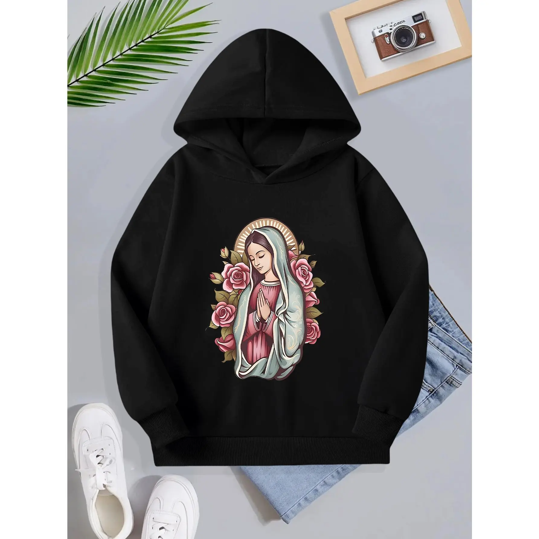 Girls' Pink Hooded Sweatshirt with Virgin Mary & Jesus Christ Religious Print - Soft Pink Hoodie, Long Sleeve Casual Winter Warmth, Hand Wash/dry Clean For Church, School, Everyday Outfits - Christian Faith-based Apparel, School Outfit, Cotton, Graphic