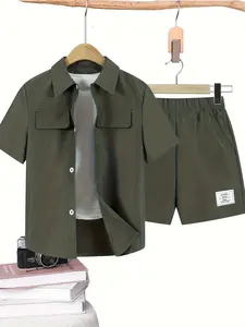 Boys' Summer Short Sleeve Shirt and Shorts Set, Button Closure + Elastic Waist, Practical Daily Wear for Multiple Occasions