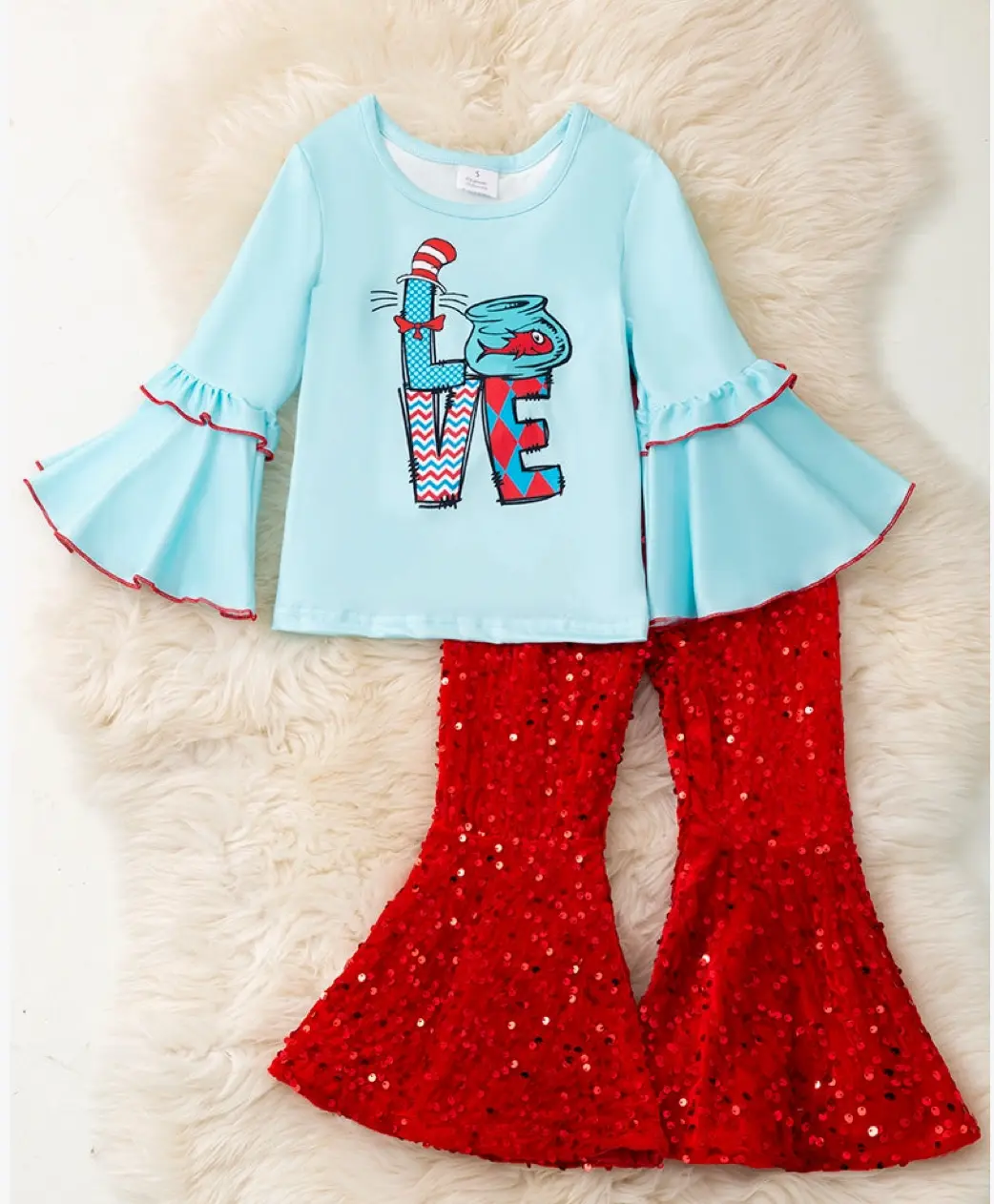 Love Blue Bell Sleeve Top and Red Sequins Bell Bottoms.