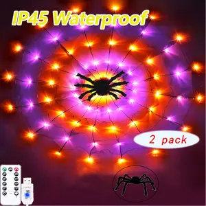 2-Pack Halloween LED Spider Net Lights with Black Spider Decorations - 4ft 70-LED Indoor/Outdoor Cobweb Lights with Remote Control, 8 Lighting Modes, USB-Powered  (Purple & Orange) for House, Garden, Party Decorations, Haunted House Decor, Durable Plastic