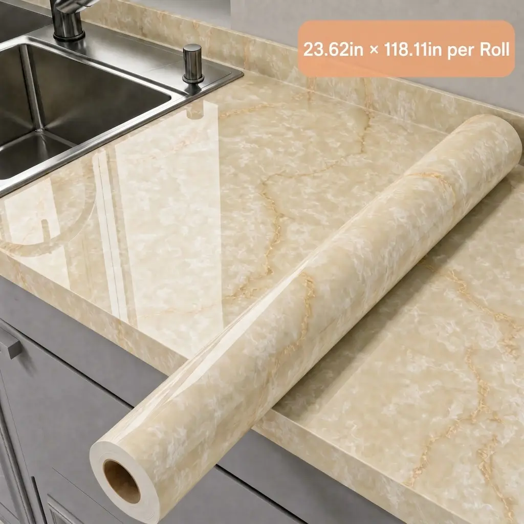 Household Premium Self-Adhesive PVC Decorative Sticker Roll - 23.6in×118.1in (60cm×3m), Durable, Oil-Proof, Heat-Resistant, Waterproof, Easy-Clean, Easy-Remove Peel-and-Stick Wallpaper for Kitchen Backsplashes, Custom-Fit Room Decor