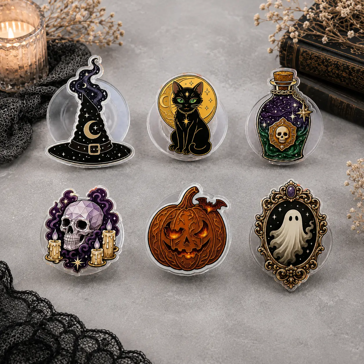 Witchy Halloween Magnetic Phone Grip Stand, Gothic MagSafe Phone Holder, Black Cat Ghost Pumpkin Kindle Grip, Spooky Season Gift