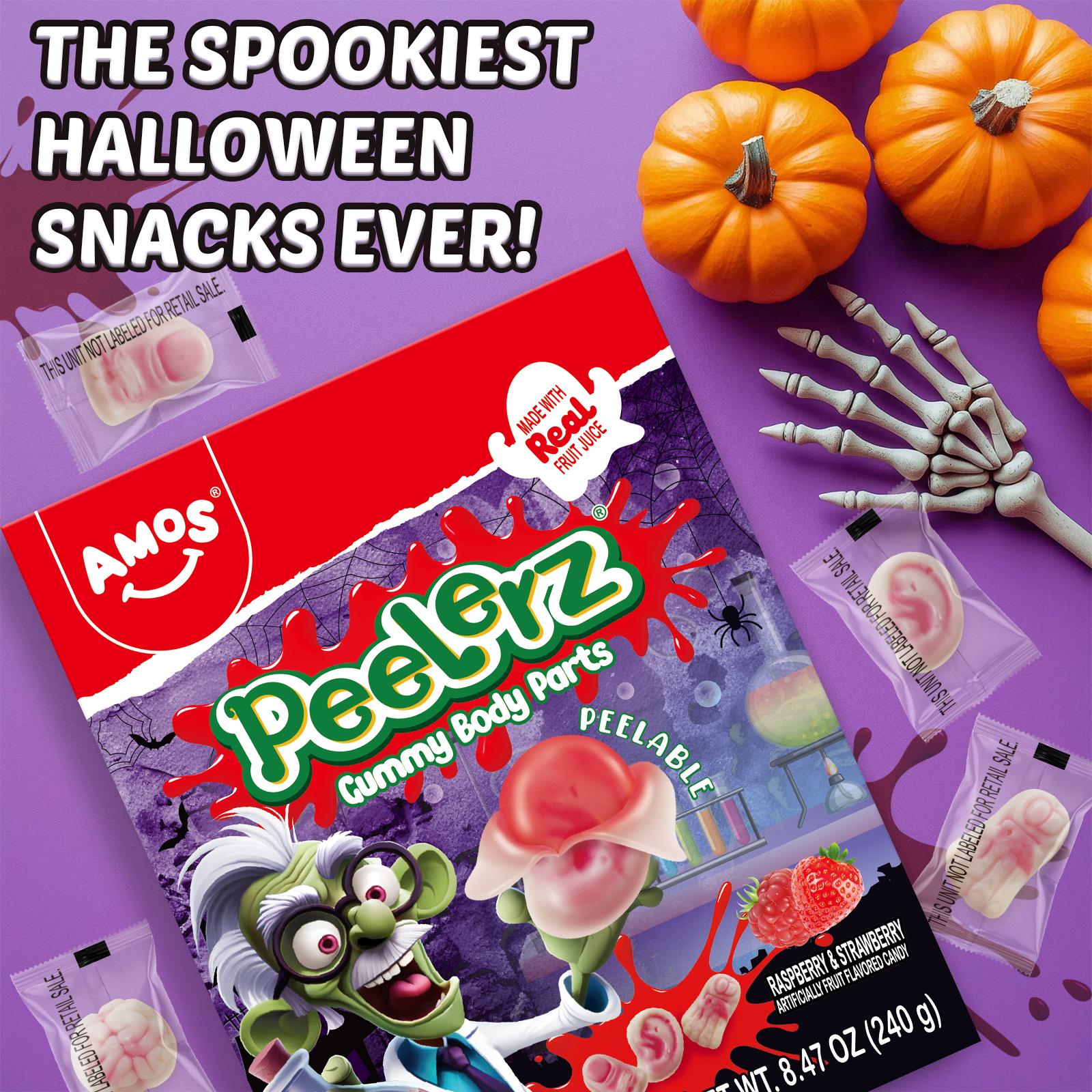 AMOS Halloween Gummy Candy Trio, 3 x 240g Boxes, 4D Burst Eyeballs Center-Filled Gummies, Peelerz Zombie & Body Parts, Party Treats, 720g Total, Gift Pack!