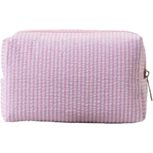 Striped Seersucker Cosmetic Makeup Bag, Large Travel Toiletry Organizer Preppy Storage Pouch Toiletry Stripe Makeup Bag for Women(Pink)
