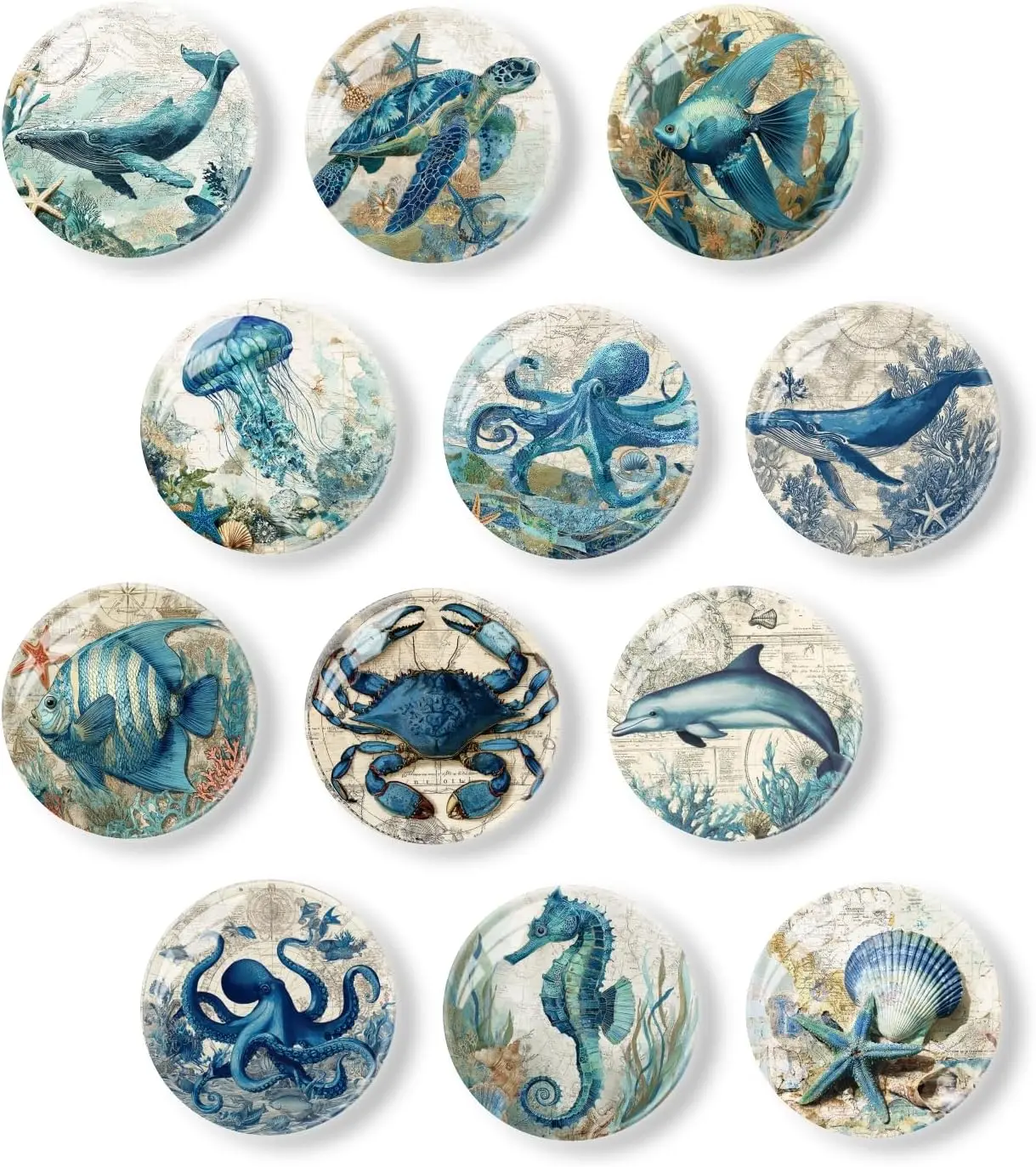 12Pcs Refrigerator Magnets Vintage Undersea World Glass Mini Strong Fridge Magnets Aesthetic Magnets for Office,School,Whiteboards,Cabinets-Blue Flower