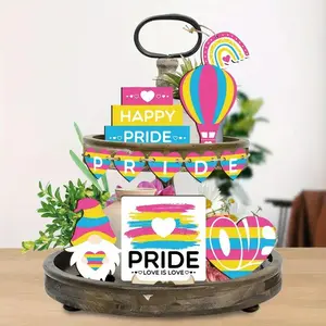 LGBTQ Pride Tiered Tray Decor, Colorful Balloon & Gnome & Letter Pattern Decorative Ornament, Home Decor for Shelf Bar