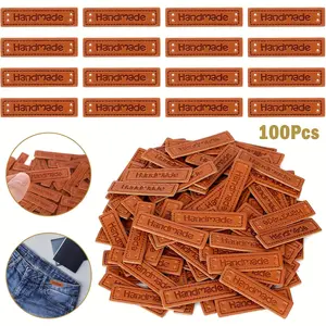 100Pcs Handmade PU Leather Tags Handmade Embossed Crochet Tags with Holes for Handmade Items Microfiber Embossed Leather Tags for Crochet Knitting Hats DIY Craft Supplies Handmade Crafts