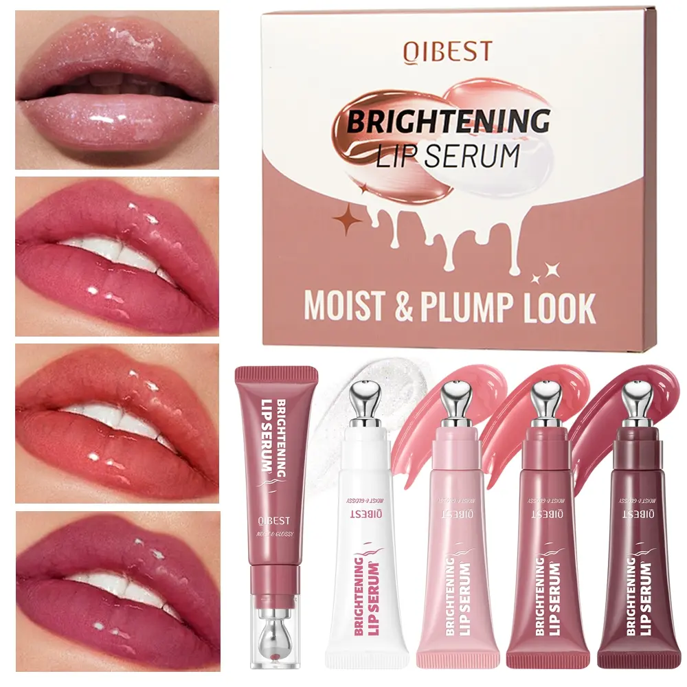 4-Piece Brightening Moisture Lip Serum Set, Moisturizing Hydrating Glossy Makeup Lip Gloss with Massage Roller, Volumizing for Natural Plump Lips Lip Care, Glossy Lip Balm, Lip Products Makeup