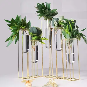 Set of 5 Gold Frame Test Tube Hydroponic Vases 12" Conjoined Geometric Design - Wedding Centerpieces