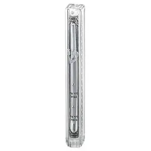 Transparent Plastic Mezuzah With Rubber Cork 15 Cm- With The Letter Shin And Plaque