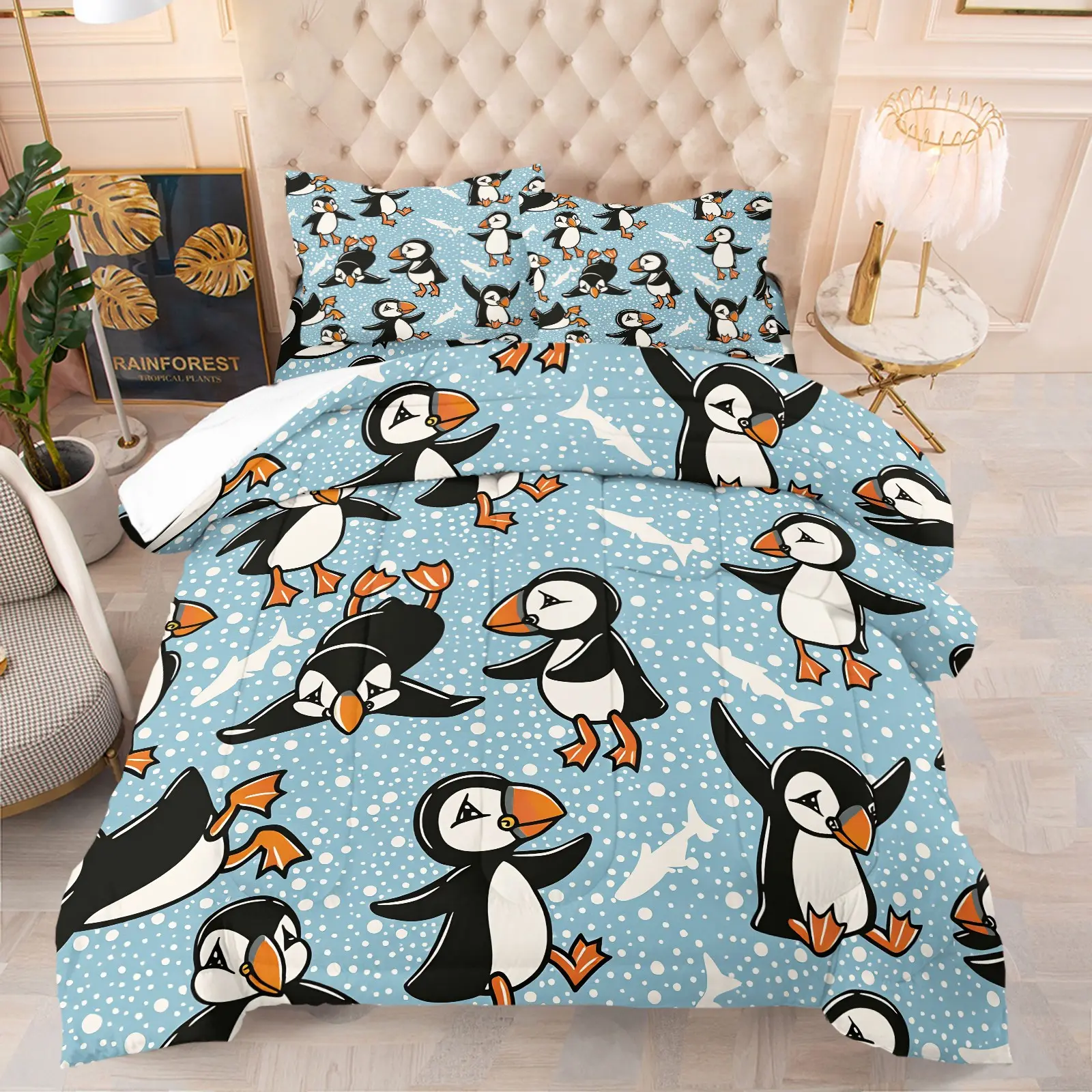 Cute Cartoon Penguin Comforter Set, Soft Breathable Winter Themed Bedding, 1 Quilt + 1/2 Pillowcases, All-Season Lightweight Quilt for Kids Bedroom, Toddler Dorm & Playroom Decor, Twin/Full/Queen Size