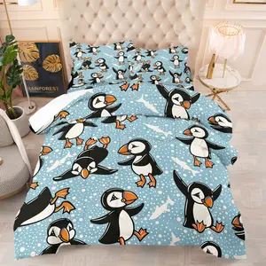 Cute Cartoon Penguin Comforter Set, Soft Breathable Winter Themed Bedding, 1 Quilt + 1/2 Pillowcases, All-Season Lightweight Quilt for Kids Bedroom, Toddler Dorm & Playroom Decor, Twin/Full/Queen Size