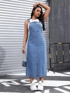 American Vintage Light Wash Denim Strap Dress, Loose Fit Midi Dress, Street Style, Casual, Daily Wear, Music Festival Fashion, Comfortable and Stylish