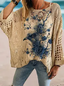 Spring and summer round neck diamond hollow batwing sleeve top, floral print bohemian style, casual layered cover-up for beach vacation.