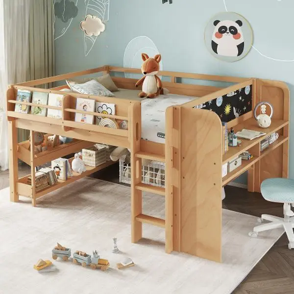 Bellemave  Loft Bed with Multi-storage Bookcases, Boxes and Drawers, Solid Wood Low Loft Beds with Desk and Blackboard, No Box Spring Needed