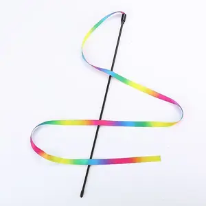 Interactive Rainbow Ribbon Cat Teaser Wand – Durable Black Rod with Colorful Webbing Streamer for Pet Play and Exercise
