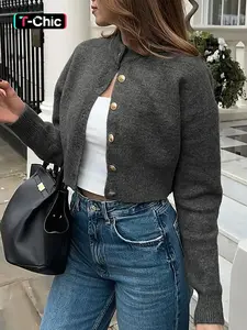 Women's Solid Color Round Neck Single Row Metal Button Ribbed Long Sleeve Loose Fit Casual Knit Cardigan, Comfortable All Seasons Wear, Stylish and Versatile for Every Occasion, Womenswear