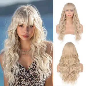 FESHFEN Long Wavy Blonde Wig With Bangs - 26 Inch Long Wavy Blonde Wig with Bangs for Women - Thick Soft Synthetic Hair Replacement Wigs Natural Looking Daily Cosplay Party Halloween