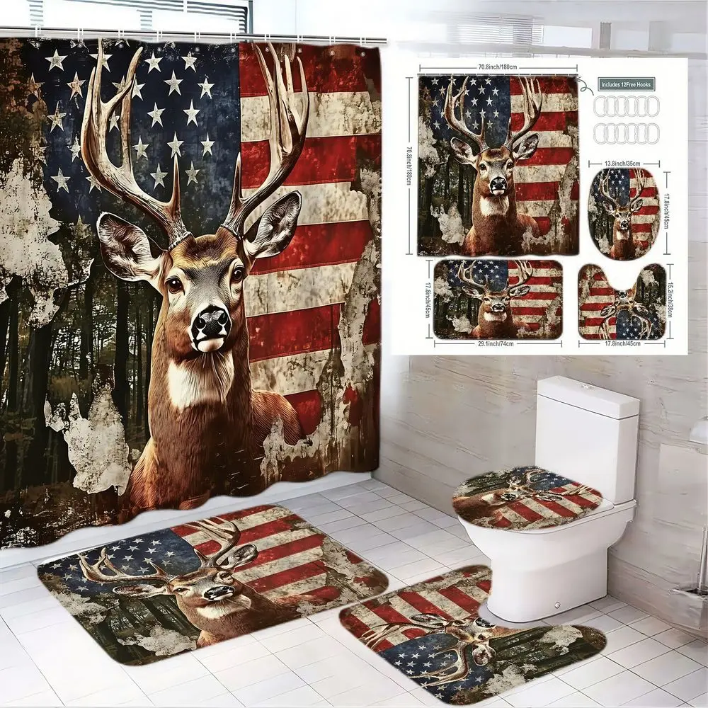 1/4pcs Rustic Hunting & American Flag Bathroom, Restroom Set, Shower Curtain Sets with Deer & Weathered Flag Forest Scene, 2 Bath Mats, Toilet Seat Cover - Patriotic Bathroom Decor and Accessories for Hunting Enthusiasts