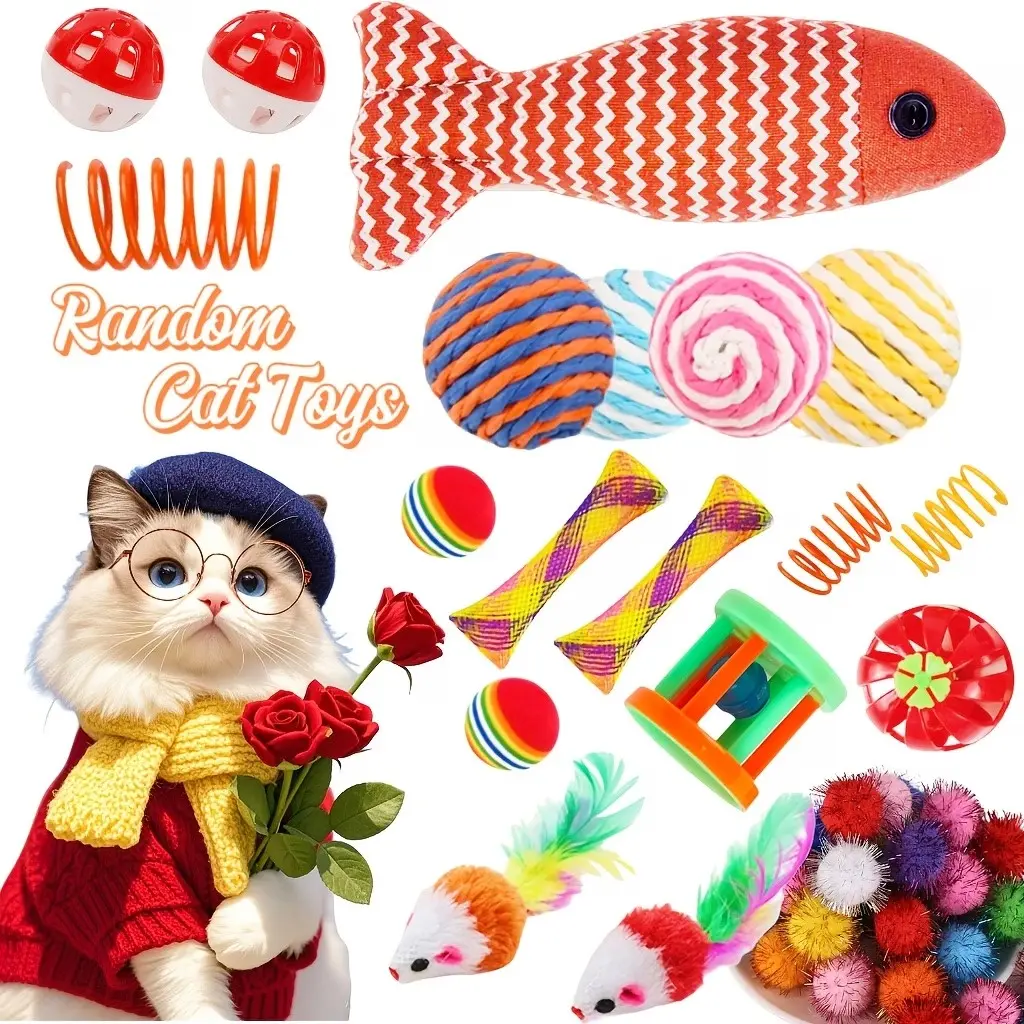 64pcs Mixed Cat Toy Set, Kitty Kittens, Various Colors and Styles, Plastic Toys for Multiple Cats, Fun Playtime, No Battery, Random Shipping, Rolling Ball