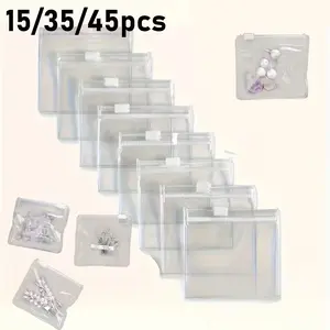 15/35/45pcs Transparent Reusable Zipper Bags, Portable Plastic Storage Bags for Jewelry, Cosmetics, Office Supplies, Rectangular Shape, Zip Closure