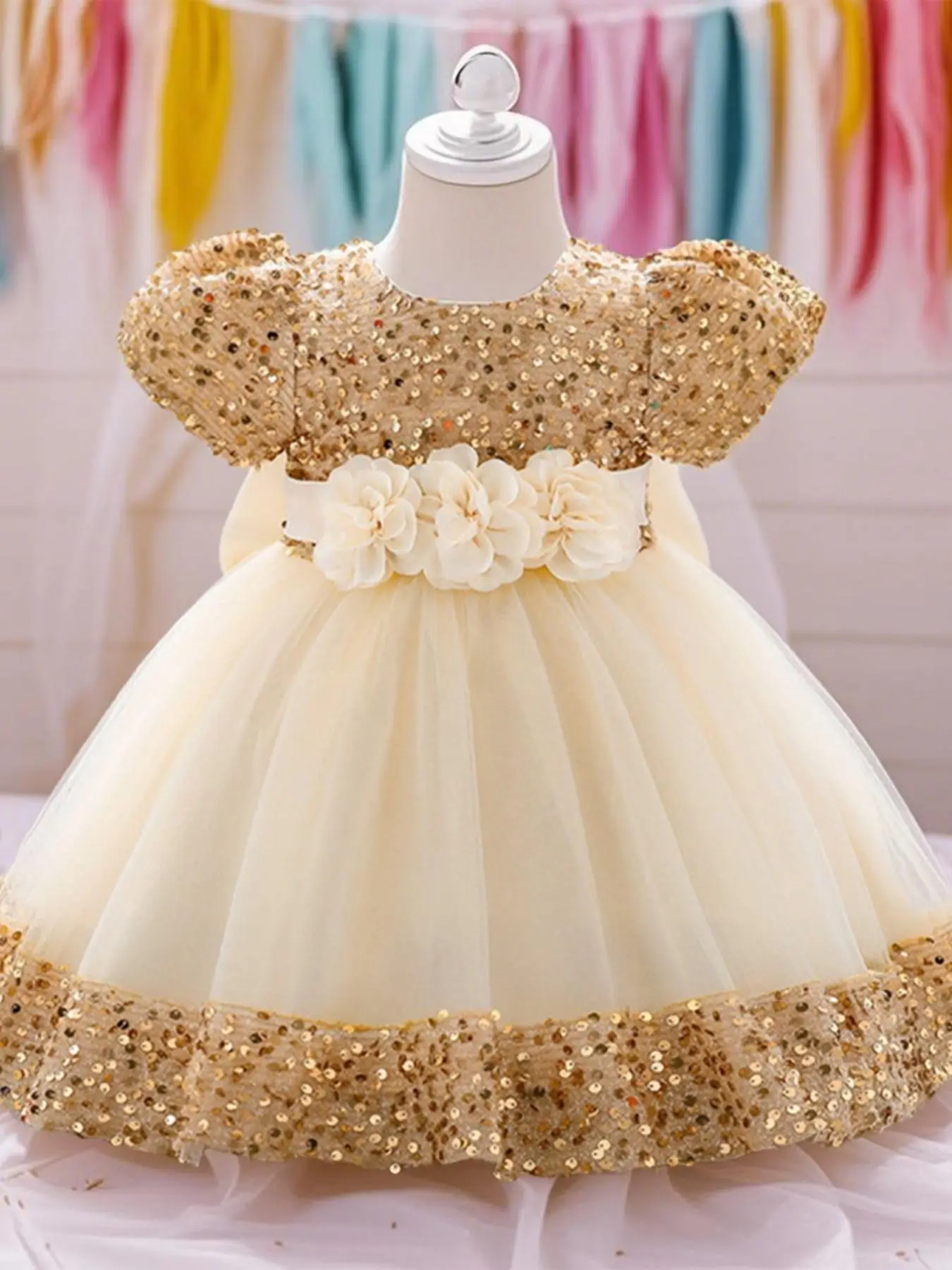 Toddler Girl's Glitter Flower Decor Mesh Dress, Elegant Cute Round Neck Dress for Party Wedding Guest, Kids Clothing for All Seasons