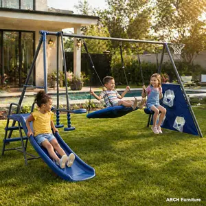 ARCH XNS052 6-Function Detachable Multi-Seat Kids Outdoor Play Set with Mini Slide, Grey and Blue, Metal-Plastic Construction, 440lbs Capacity, 31.5in Net Swing, Safe for 3+ Age Playground, Outdoor Play Sets,summervibes