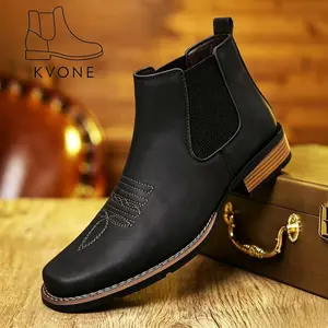 KVONE Men's Square-Toe Western Chelsea Boots - Ankle Length, Leather Upper, Non-Slip Rubber Sole, Casual Embroidery, Minimalist Khaki, Comfortable Stylish Walking Shoes for Office, Wooden Design Work-Casual Footwear