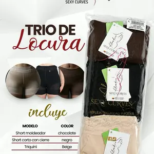 TRIO DE LOCURA - Short moldeador negro , Short corto con cierre negro, Triquini beige - Sexy Curves Collection
