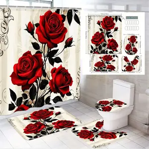 1/4pcs Elegant Romantic Floral Bathroom Set with Vintage Gold Scrollwork, Deep Red Rose Blooms & Dark Foliage, Including Matching Bath Mat, U-Shaped Toilet Mat, and Toilet Lid Cover - Perfect for Valentine’s Day Decor! Shower Curtain Set