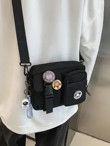 Unisex Couple Zipper Crossbody Bag, Casual Plain Multi-pocket Bag for Women & Men, Casual Trendy Versatile High-quality Daily Commuting Bag, Girl Fashionable Shopping Bag with Random Color Badge, Versatile Shoulder Bags