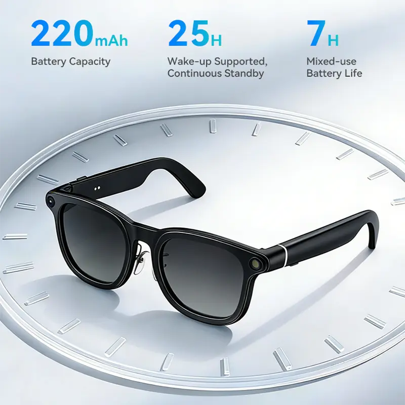 Quriov Bluetooth Smart Glasses with AI Translation – Photochromic Lenses That Darken in Sunlight, Metal Frame, Open-Ear Surround Sound, Built-in Microphone, All-Day Rechargeable Battery – Black/Gold Wearable Electronic Gadgets