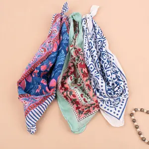 Lightweight Boho Cotton Bandana Scarf, Handblock Print Hair Or Neck Wrap, Hair Accessory, Reusable Gift Idea For Outdoor - Set of 3