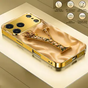 Light Luxury Elegant Gold Crown Letter Y Pattern Electroplated Tempered Glass Smartphone Cellphone Case, Phone Accessories with Screen Protector & Cover, Compatible with iPhone 17,16,15,14,13,12,11 Plus Pro Max