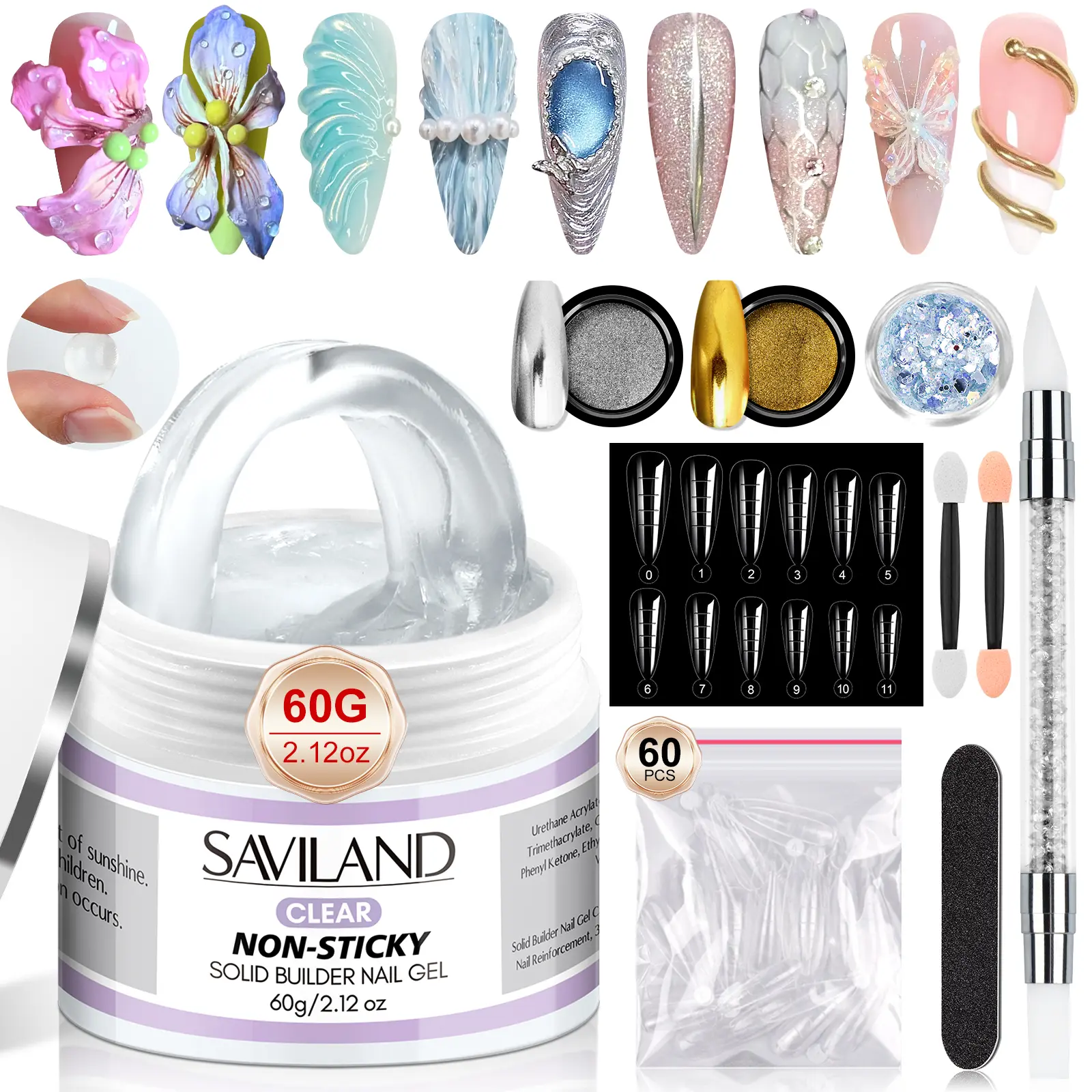 Saviland Solid Builder Nail Gel (60g): Large Capacity for 3D Sculpting Nail Extensions with Sequins & Chrome Powder Ideal for DIY at Home or Salon Use