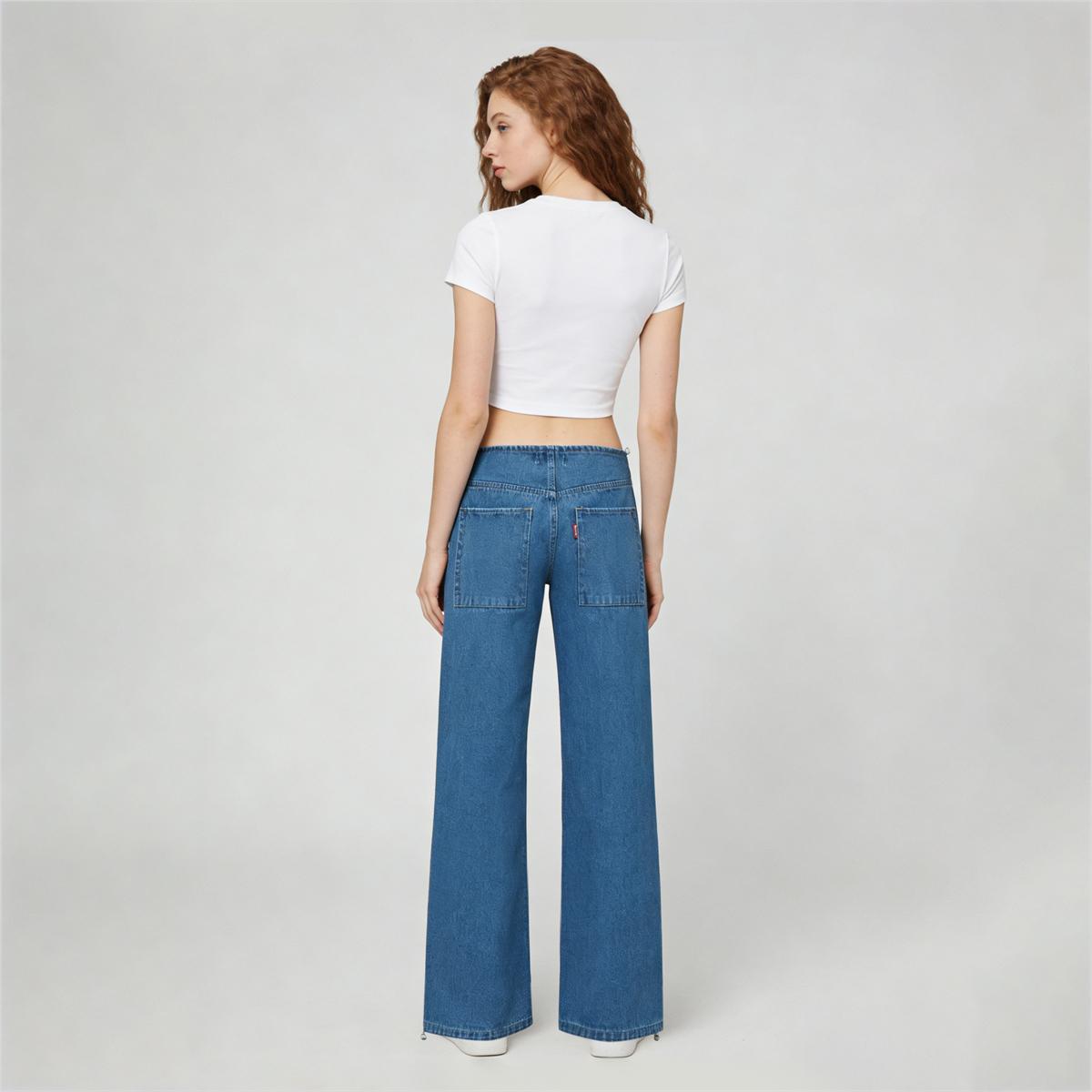 Pwest NYC Adjustable Low-Rise Wide-Leg Jeans — Adjustable Drawstring Waistband/Hem, Relaxed Straight Cut, Soft Daily Wear-Spring Summer