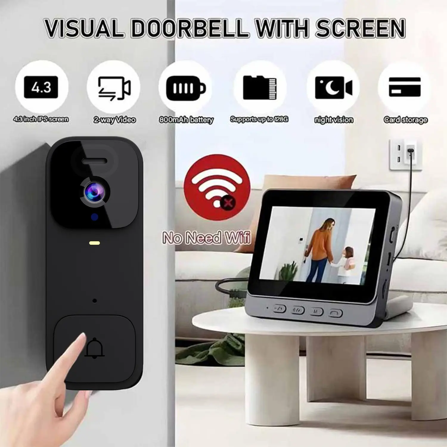 X7 Smart Video Doorbell, 4.3 Inch Color Screen, HD Video Intercom Monitor, Long Battery Life, No Network Needed, Supports Two-Way Audio, Wireless Video Doorbell
