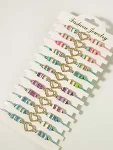 12pcs Macaron Color Clay Beaded Bracelet Set with Rhinestones, Stackable Bracelets, Boho Adjustable Woven Drawstring Bangles, Summer Beach Party Jewelry Gifts