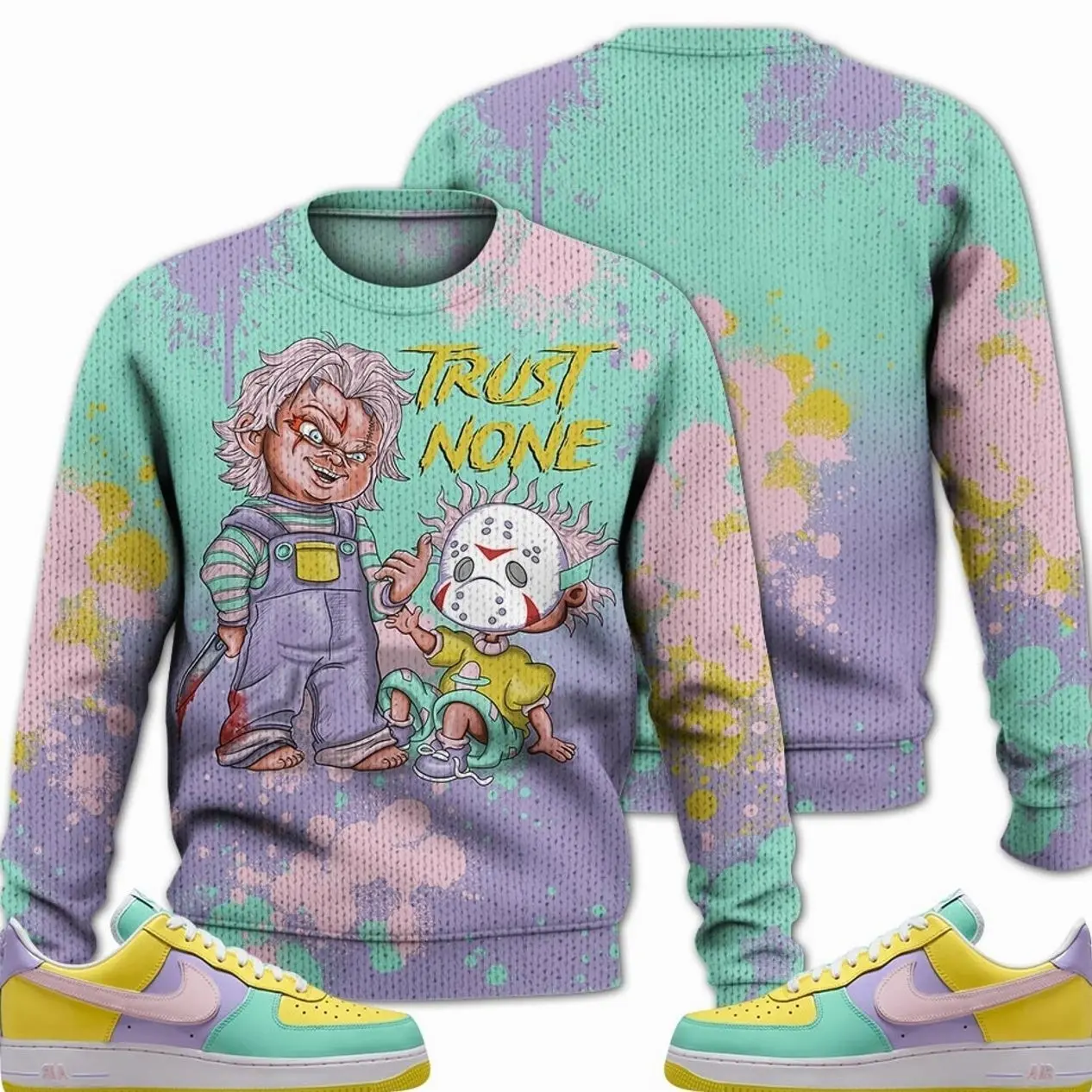 Yellow Pulse Hydrangeas Emerald Pink 2026, Air Force 1 Low Easter Outfits Ugly Sweater, Trust No One Scary Streetwear Sneaker Match Shirt