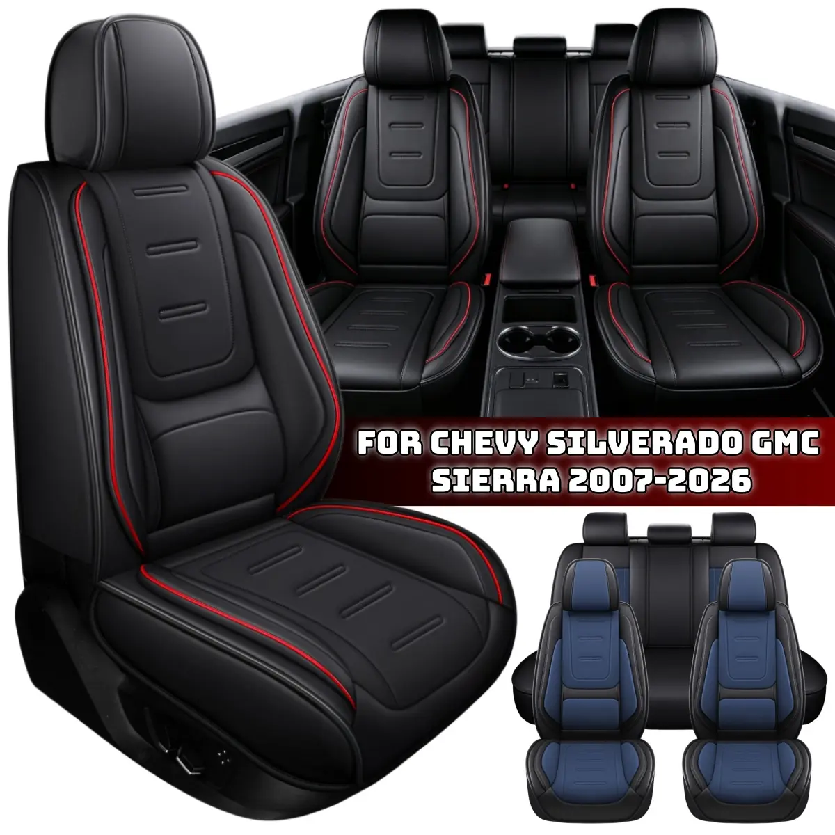 For 2007-2026 Chevy Silverado GMC Sierra 1500 2500 3500HD Trail Boss Z71 Crew Double Extended Cab Premium Leather 5 Seat Covers Full Set with 3D Waist Pillow, Car Truck Pickup Front Rear Cushion Protector Pad Mat 5 Sit, 4 Seasons Business Household Use, V