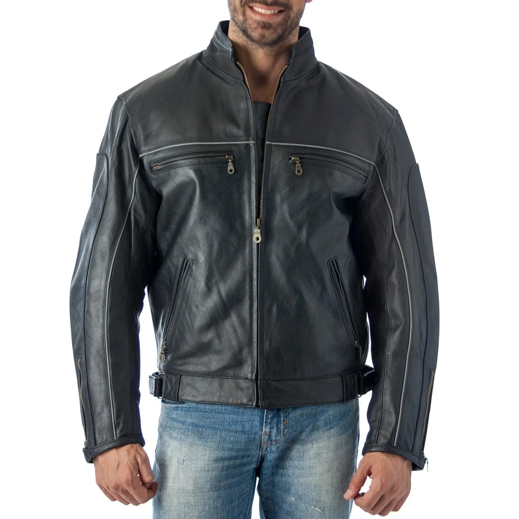 Vented Leather Motorcycle Jacket with Light Reflector - Imported