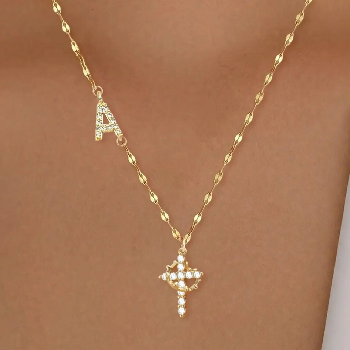 14K gold-plated CZ cross pendant necklace with 26 custom letter side charms