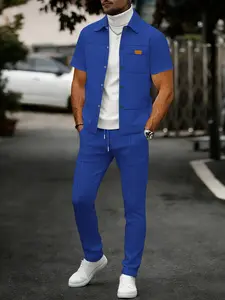 Men's Two-Piece Set, Christmas Gift, Friday, Spring Summer Fall Clothing, Casual Knit Blazer Suit, High Waist Pants, Elastic Fit