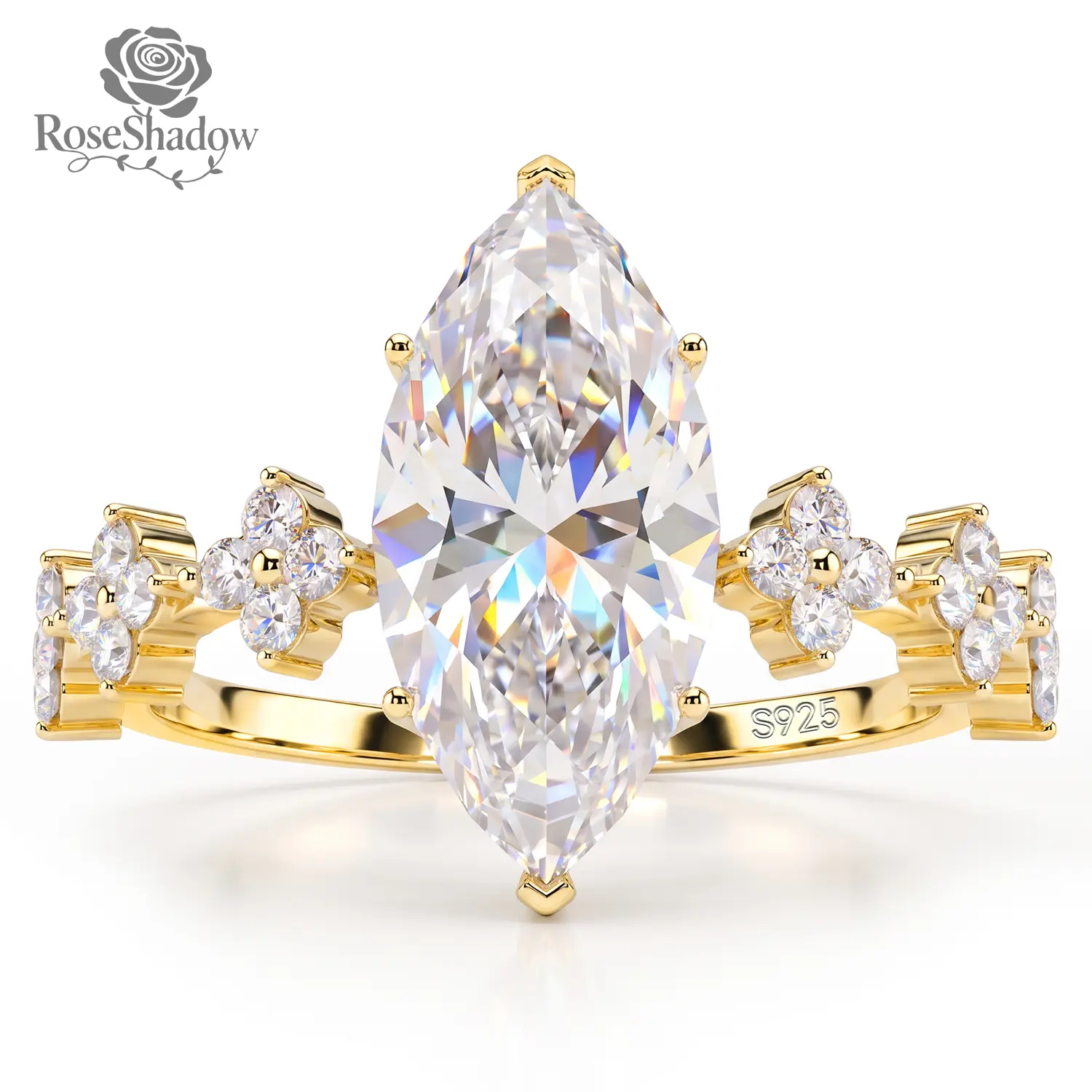 ROSESHADOW 3CT Marquise Cut Moissanite Four-Leaf Cluster Ring 14K Gold Plated 925 Sterling Silver Synthetic Moissanite Engagement Ring for Women Promise Wedding Rings